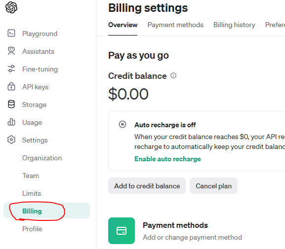 OpenAI Billing settings