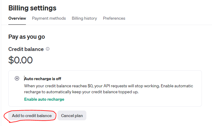 OpenAI Add to credit balance