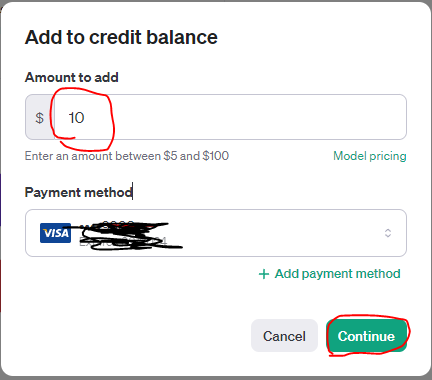 OpenAI Add to credit balance input
