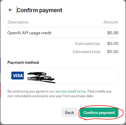 OpenAI Add to credit balance confirm