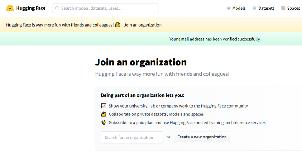 Hugging Face メールアドレス確認完了